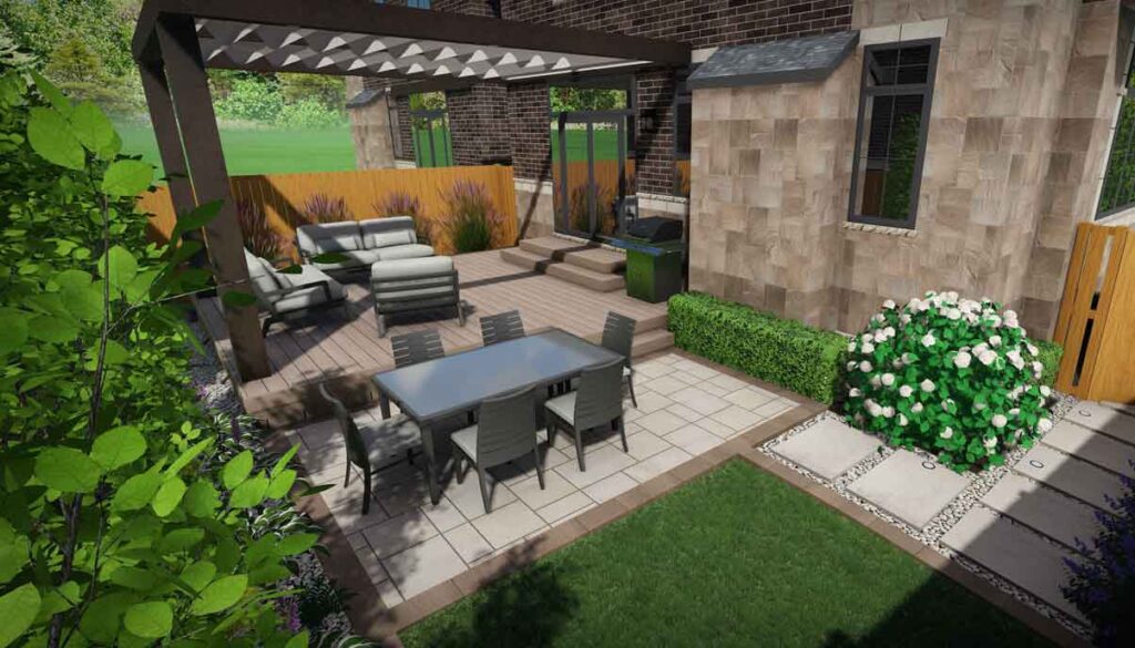Backyard concept in 3D with a connected deck and stone patio to create a smooth indoor–outdoor flow and privacy