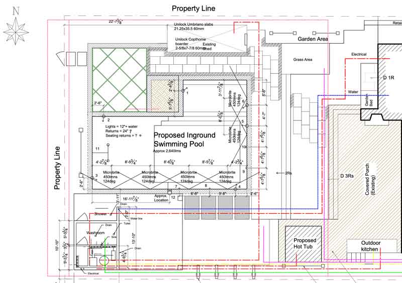 Detailed landscape design drawing showing pool layout, hardscaping, planting plan, and backyard features