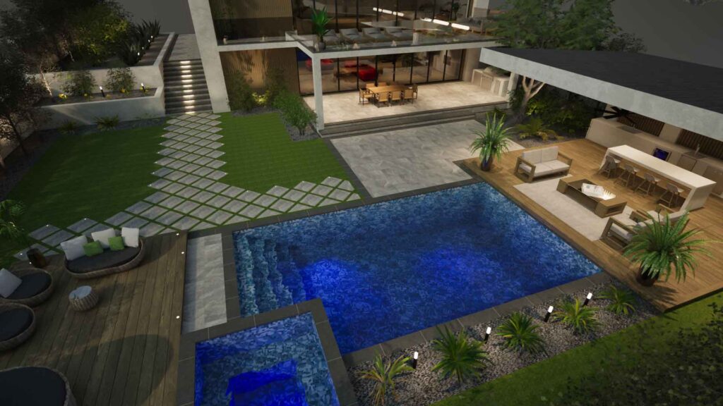modern backyard with a pool, cabana, roof overhang at the house with lots of planting and evening lighting