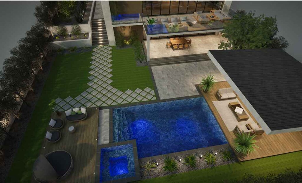 Modern backyard 3D design with pool, cabana overhang, stone patio and rooftop deck