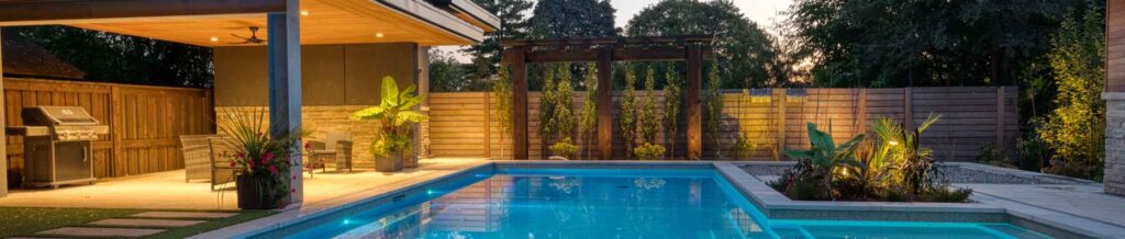 modern style backyard with a pool cabana shed and planting